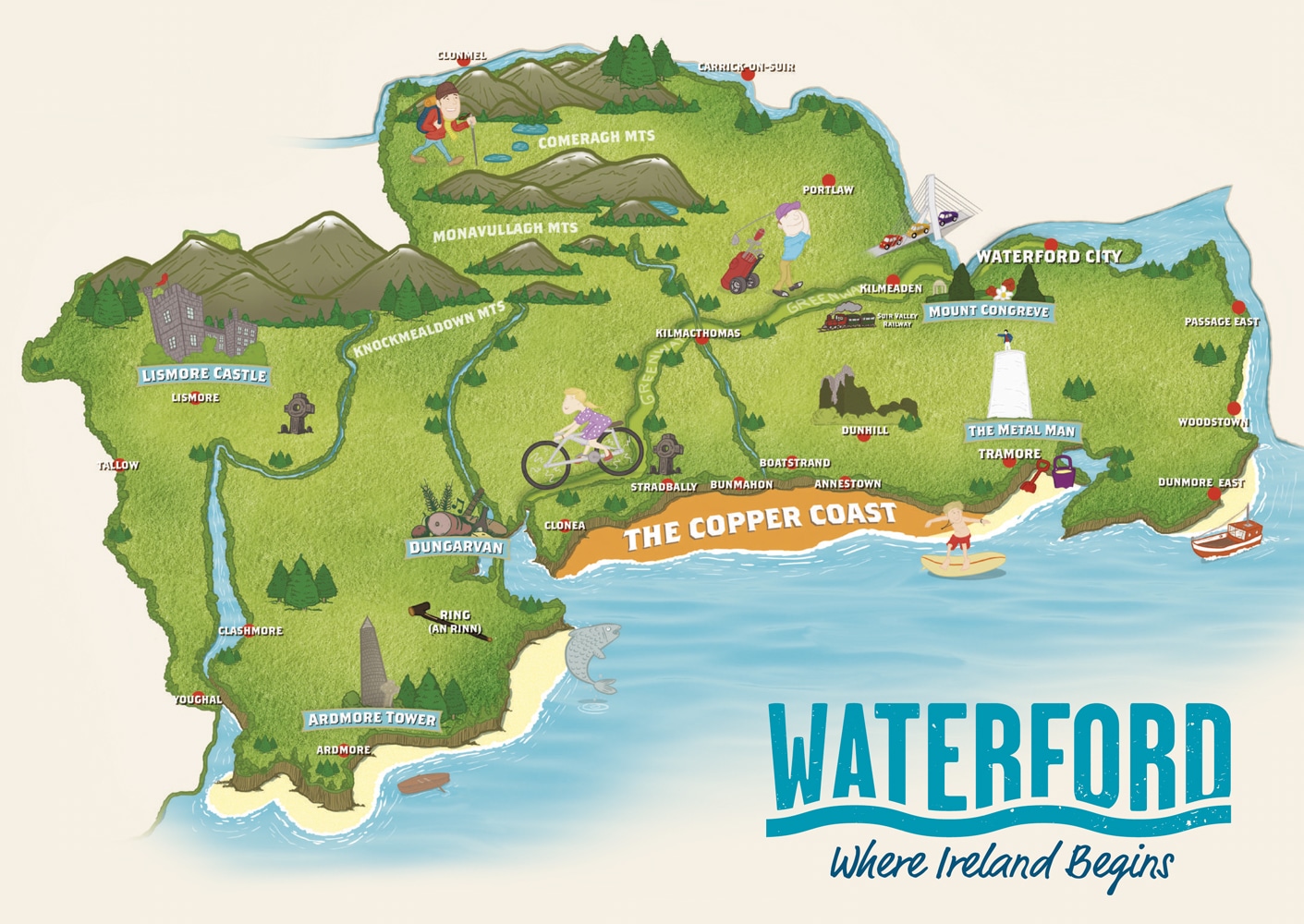 Labelled Map Of County Waterford Ireland